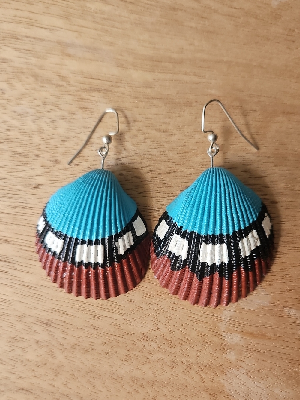 Hand-Painted Turquoise and Brown Shell Drop Earrings